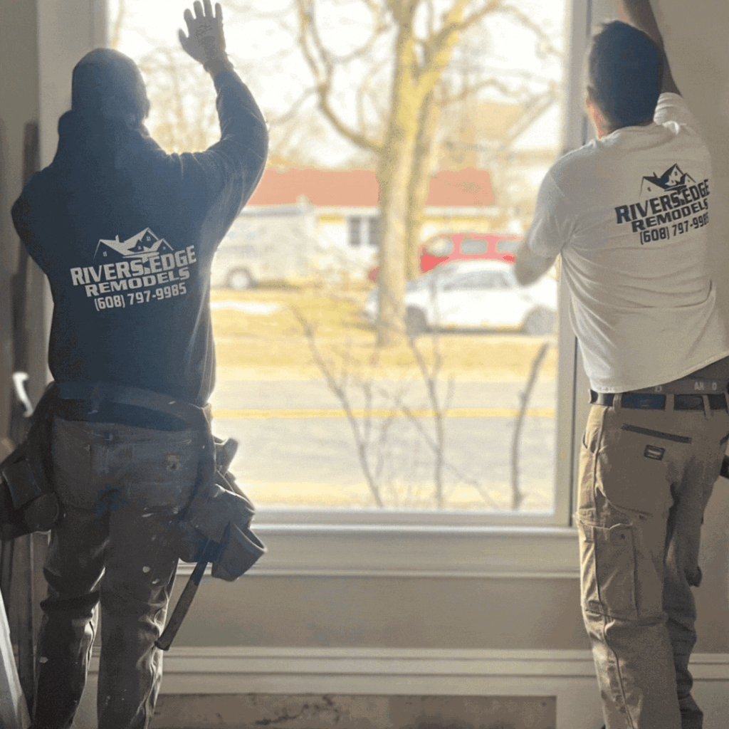 Men installing new window in a home